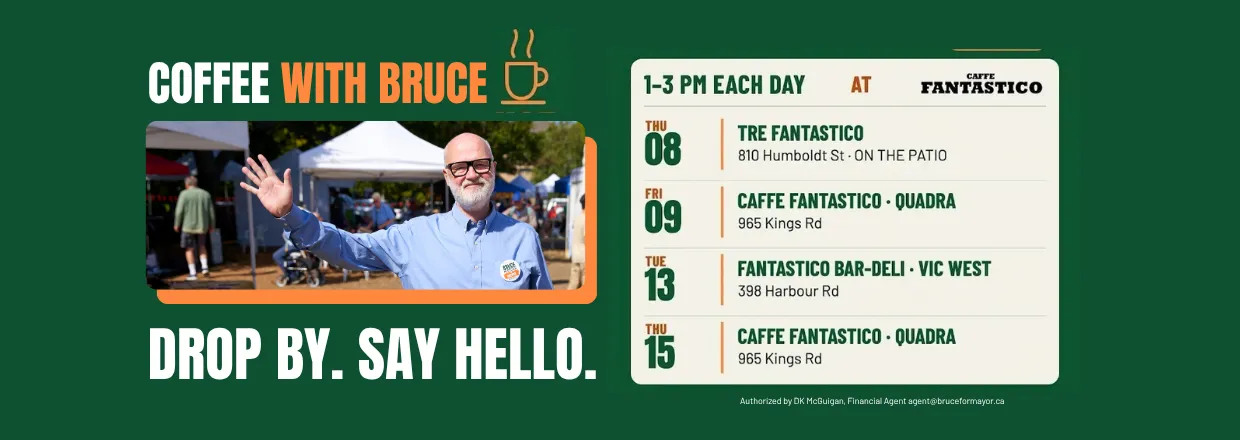 Coffee with Bruce poster: Bruce McGuigan waving, with four October Fantastico locations from 1 to 3 p.m.